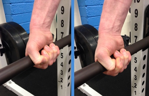 conventional grip left, hook grip right (excuse the mangled BJJ fingers)